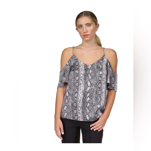Michael Kors Womens Chain Straps Cold Shoulder Snake Print Blouse |XS| - Picture 2 of 6